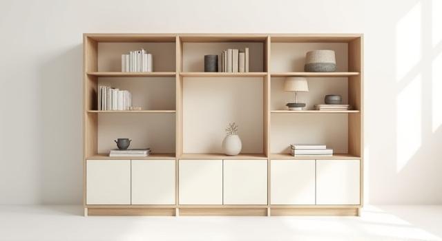 Modern, modular storage unit with sleek lines and clever compartments, blending functionality and aesthetic.